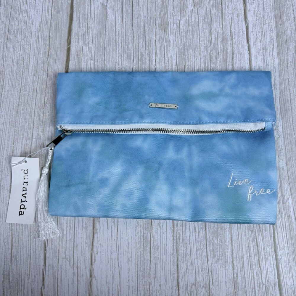 Pura Vida Live Free Tie Dye Clutch Bag Folding Zip Pouch Embroidered Blue